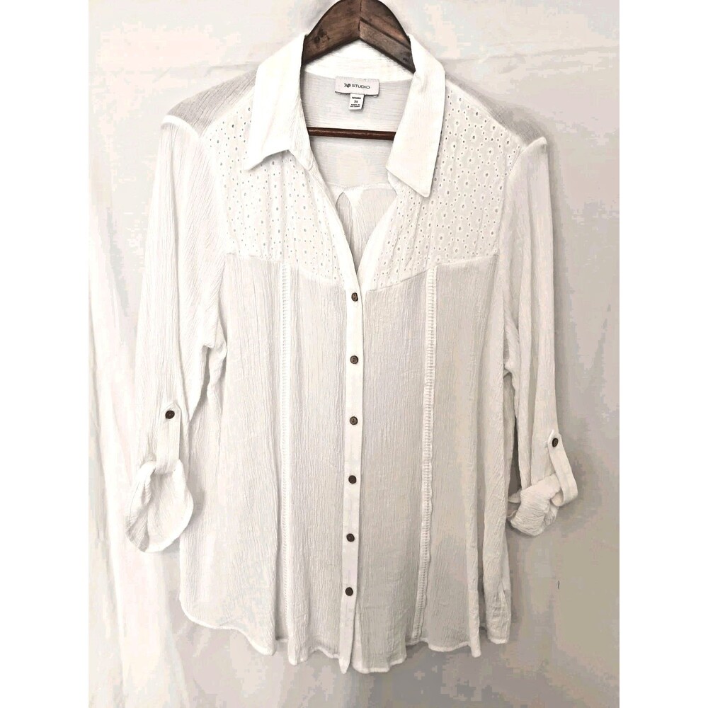 AB Studio Women 2X White Eyelet Button Front Blouse Roll Tab Sleeve Plus Size